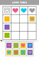 bildungsspiel für kinder logiktabelle geometrische form herz und quadrat druckbares arbeitsblatt vektor