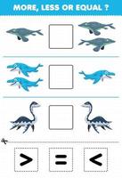 utbildning spel för barn mer mindre eller lika räkna mängden tecknad förhistorisk vatten dinosaurie tylosaurus mosasaurus plesiosaur sedan klippa och limma klippa rätt tecken vektor