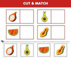 utbildningsspel för barn klipp och matcha samma bild av tecknad skiva drake frukt avokado vattenmelon papaya utskrivbart arbetsblad vektor