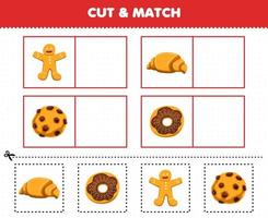 utbildningsspel för barn klipp och matcha samma bild av tecknad mat pepparkakor croissant kaka munk utskrivbart arbetsblad vektor