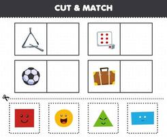 Bildungsspiel für Kinder Schneiden und passen Sie das gleiche Bild des niedlichen Cartoon-Form-Dreiecks-Quadrat-Würfel-Kreises-Fußball-Rechteck-Koffers an vektor