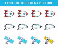 Lernspiel für Kinder Finden Sie das andere Bild in jeder Reihe niedlichen Cartoon-Sonnensystem-Raketen-Raumschiff-Satelliten vektor