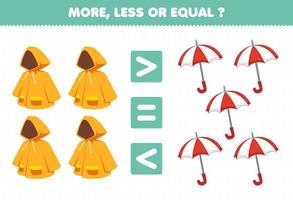 Lernspiel für Kinder mehr weniger oder gleich zählen die Menge an Cartoon-Kleidung, Regenmantel und Regenschirm vektor