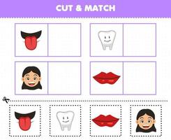 utbildningsspel för barn klipp och matcha samma bild av söt tecknad mänsklig anatomi och organ tunga tand flicka huvudläpp vektor