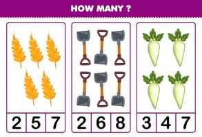 Bildungsspiel für Kinder, die zählen, wie viele Cartoon-Gemüse-Weizen-Schaufel-Daikon-Rübe vektor