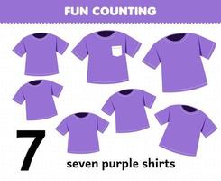 Bildungsspiel für Kinder Spaß beim Zählen von tragbarer Kleidung sieben lila Hemden vektor