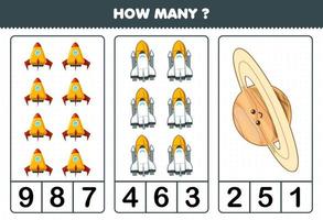 utbildning spel för barn att räkna hur många söta tecknade solsystemet raket rymdskepp Saturn planet vektor