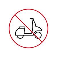 förbjud moped leverans zon svart linje ikon. skoter förbjuden kontur piktogram. snabb motorcykel röd stoppcirkel symbol. ingen tillåt moto cykel vägskylt. motorcykel förbjuden. vektor illustration.