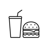 snabb skräpmat hamburgare cola kontur piktogram. takeaway lunch kall läsk dryck smörgås platt symbol. dricka hamburgare svart linje ikon. ohälsosamt mellanmål måltid tecken. isolerade vektor illustration.