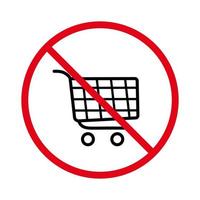 Kein zulässiges Einkaufswagenschild. Trolley-Korb im Supermarkt verbieten schwarze Silhouette-Symbol. Einzelhandelsverkaufspiktogramm verbieten. Internet-Markt-Stopp-Symbol. Online-Kauf verbieten. isolierte Vektorillustration. vektor