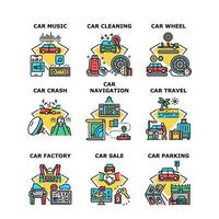 Auto Reise Urlaub Set Icons Vektor Illustrationen