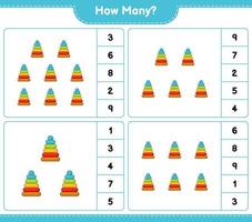 räkna spel, hur många pyramid leksak. pedagogiskt barnspel, utskrivbart kalkylblad, vektorillustration vektor
