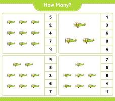 Zählspiel, wie viele Flugzeuge. pädagogisches kinderspiel, druckbares arbeitsblatt, vektorillustration vektor