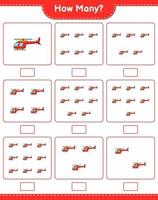 Zählspiel, wie viele Hubschrauber. pädagogisches kinderspiel, druckbares arbeitsblatt, vektorillustration vektor