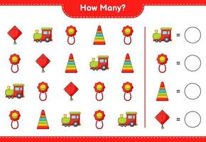 räkna spel, hur många pyramid leksak, baby skallra, drake och tåg. pedagogiskt barnspel, utskrivbart kalkylblad, vektorillustration vektor