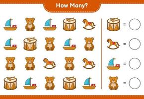 räkna spel, hur många båt, trumma, nallebjörn och gunghäst. pedagogiskt barnspel, utskrivbart kalkylblad, vektorillustration vektor