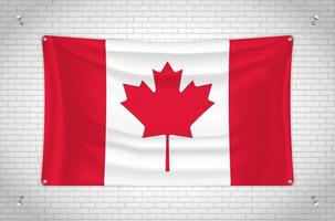 Kanada-Flagge hängt an der Ziegelwand. 3D-Zeichnung. Flagge an der Wand befestigt. Ordentliches Zeichnen in Gruppen auf separaten Ebenen für eine einfache Bearbeitung. vektor