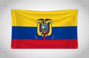 Ecuador-Flagge hängt an der Ziegelwand. 3D-Zeichnung. Flagge an der Wand befestigt. Ordentliches Zeichnen in Gruppen auf separaten Ebenen für eine einfache Bearbeitung. vektor