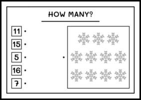 hur många snöflinga, spel för barn. vektor illustration, utskrivbart kalkylblad