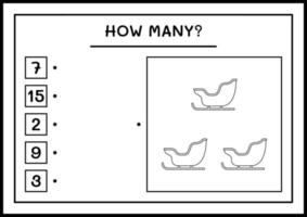 wie viele weihnachtsmann-schlitten, spiel für kinder. Vektorillustration, druckbares Arbeitsblatt vektor