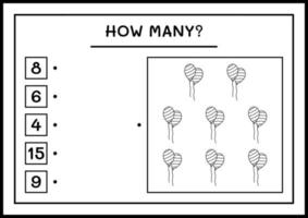 Wie viele Ballons, Spiel für Kinder. Vektorillustration, druckbares Arbeitsblatt vektor