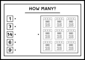Wie viele Weihnachtskalender, Spiel für Kinder. Vektorillustration, druckbares Arbeitsblatt vektor