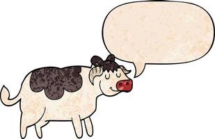 Cartoon-Kuh und Sprechblase im Retro-Textur-Stil