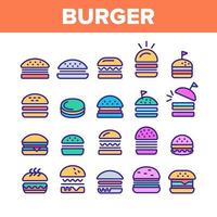 färg läckra hamburgare tecken ikoner set vektor