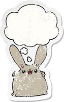 Cartoon-Kaninchen und Gedankenblase als beunruhigter, abgenutzter Aufkleber vektor