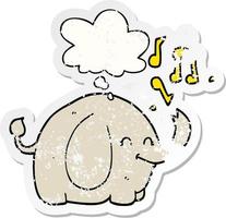 Cartoon trompetender Elefant und Gedankenblase als beunruhigter, abgenutzter Aufkleber