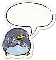 Cartoon-Pinguin und gekreuzte Arme und beunruhigter Aufkleber der Sprechblase