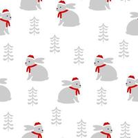 sömlös jul mönster med rolig hare. kanin med röd hatt, halsduk och julgran. vektor