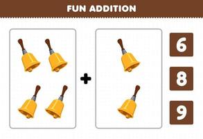 Lernspiel für Kinder Spaß Addition durch Zählen und wählen Sie die richtige Antwort des druckbaren Arbeitsblatts Cartoon Musikinstrument Glocke vektor