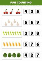 Lernspiel für Kinder Spaß beim Zählen und Auswählen der richtigen Anzahl von Cartoon-Obst und Gemüse Kirsche Knoblauch Spargel Weizen Wassermelone Druckbares Arbeitsblatt