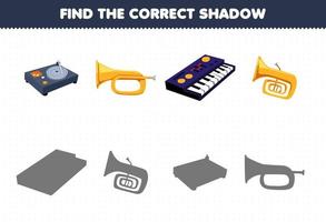 Bildungsspiel für Kinder Finden Sie den richtigen Schattensatz von Cartoon-Musikinstrumenten-Plattenspieler-Trompeten-Synthesizer vektor