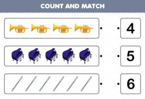 utbildningsspel för barn räkna och matcha räkna antalet tecknade musikinstrument trumpet pianoflöjt och matcha med rätt siffror utskrivbart arbetsblad vektor