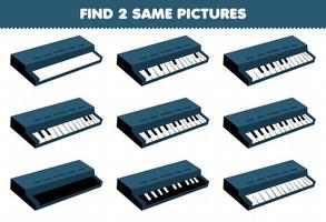 Bildungsspiel für Kinder Finden Sie zwei gleiche Bilder Cartoon Musikinstrument Tastatur Druckbares Arbeitsblatt vektor