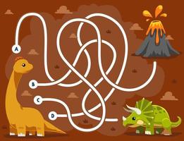 Labyrinth-Puzzlespiel für Kinder mit prähistorischem Dinosaurier Brontosaurus Triceratops und Vulkan