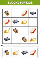 utbildningsspel för barn sudoku för barn med tecknat musikinstrument kalimba tamburin skivspelare horn bild utskrivbart arbetsblad vektor