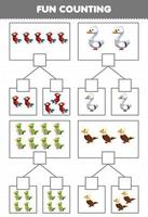 Lernspiel für Kinder Spaß beim Zählen von Bildern in jeder Schachtel mit niedlichem Cartoon Vogel Tier Papagei Schwan Sittich Adler Druckbares Arbeitsblatt vektor