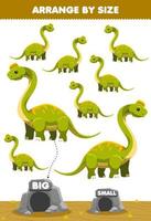 Lernspiel für Kinder ordnen nach Größe groß oder klein bewegen Sie es in der Höhle niedlichen Cartoon prähistorischen Dinosaurier Ultrasaurus Bilder vektor