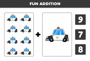 utbildningsspel för barn roligt tillägg av antal och välj rätt svar på tecknad räddningstransport polisbil utskrivbart kalkylblad vektor