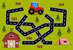 Labyrinth-Puzzlespiel für Kinder hilft Cartoon-Traktor, den richtigen Weg zur Scheune oder zum Zelt zu finden vektor