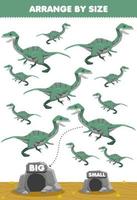 Lernspiel für Kinder nach Größe anordnen groß oder klein bewegen Sie es in der Höhle niedliche Cartoon prähistorische Dinosaurier Velociraptor Bilder vektor