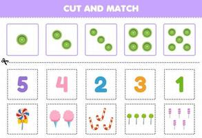 Bildungsspiel für Kinder Schneiden Sie die gleiche Anzahl von Cartoon-Lebensmittelsüßigkeiten zum Ausdrucken aus und passen Sie sie an vektor