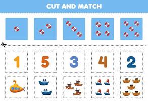 Lernspiel für Kinder Schneide und kombiniere die gleiche Anzahl von niedlichen Cartoons Wassertransport U-Boot Fähre Schiff Boot Segelboot Arche Druckbares Arbeitsblatt vektor