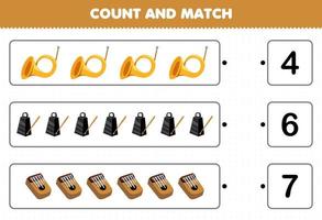utbildningsspel för barn räkna och matcha räkna antalet tecknade musikinstrument horn bell kalimba och matcha med rätt siffror utskrivbart arbetsblad vektor