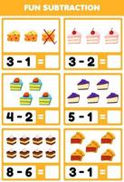 Bildungsspiel für Kinder Spaßsubtraktion durch Zählen und Eliminieren von Cartoon-Lebensmittel-Käsekuchen-Torte-Arbeitsblatt vektor