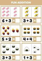 Lernspiel für Kinder Spaß Addition durch Zählen und Summe Cartoon japanisches Essen Sushi Yam Bilder Arbeitsblatt vektor