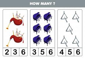 utbildningsspel för barn att räkna hur många tecknade musikinstrument säckpipor pianotriangel utskrivbart kalkylblad vektor